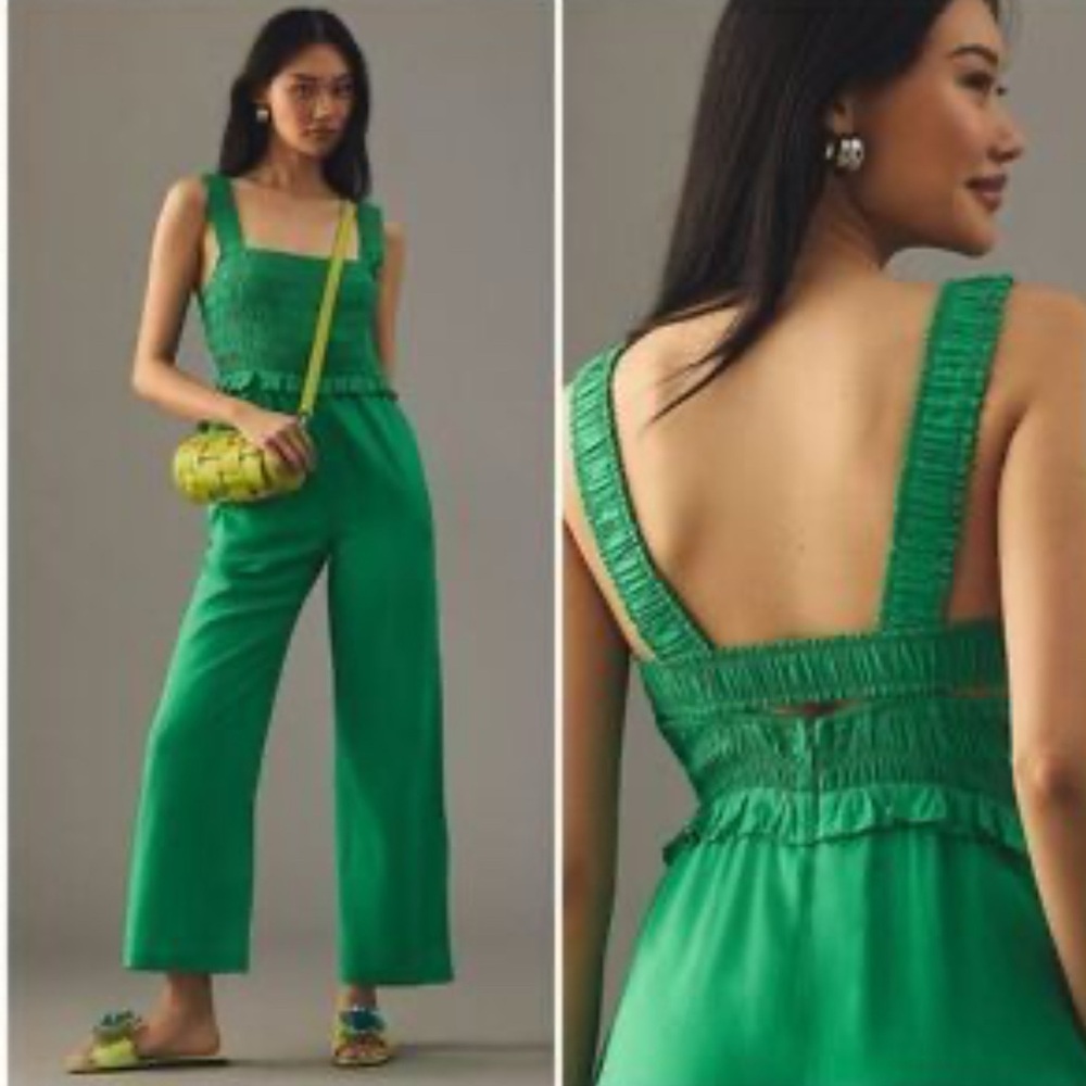 Anthropologie Emerald Green Smocked Wide-Leg Jumpsuit